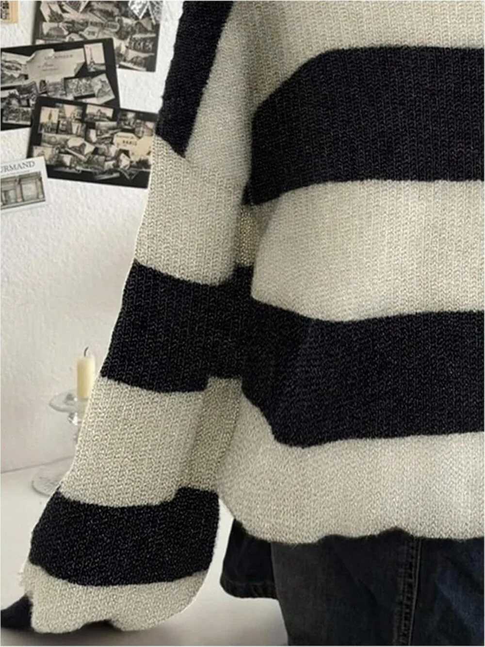 Oversized Striped Knit Sweater - Long Sleeve V-Neck, Embroidered Pullover Top